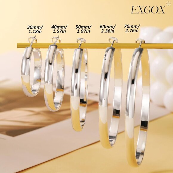 Elegant 50mm Silver Sterling Silver Hoop Earrings, Hypoallergenic Lightweight Ho - Picture 4 of 7